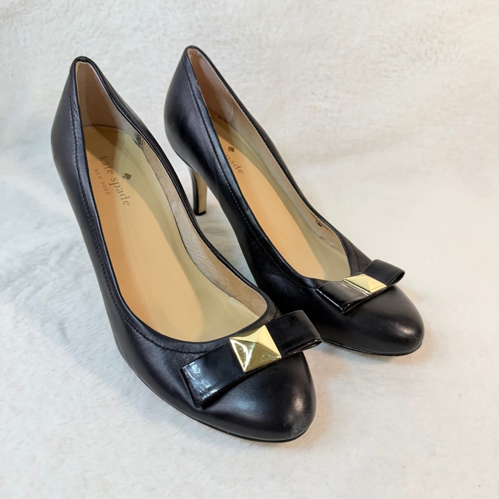 Kate Spade Black Leather Bow Pyramid Stud Vintage Heel Pumps Womens Size‎ 7.5M